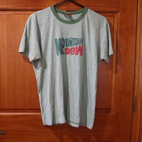 Vintage Mountain Dew Green Ringer T-Shirt Spellout Logo Made in USA Large - Picture 2 of 9